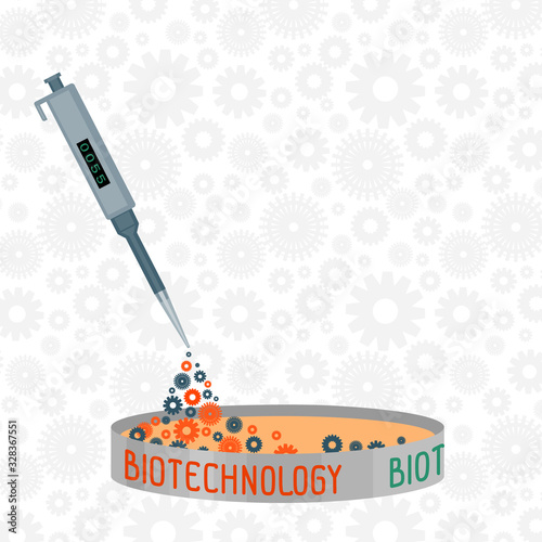Vector illustration on the topic of scientific research. Electronic dispenser, laboratory petri dish. The concept of an experiment in biotechnology. Seamless background of round gears.
