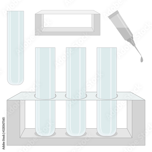 Equipment for a chemical laboratory - tripod, glass tubes, pipette, dispenser with liquid. Vector illustration for medical research.