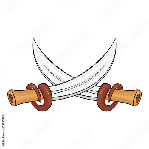 Two identical crossed daggers. Pirate sabers. Elements for a party of pirates. Vector image of cold steel of robbers. Concept of danger, threat to life.