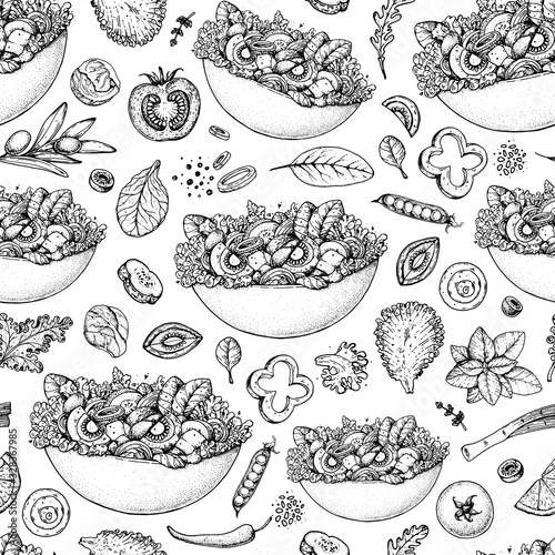 Salad seamless pattern. Bowl of salad background. Vegan food. Hand drawn sketch. Packaging design template.