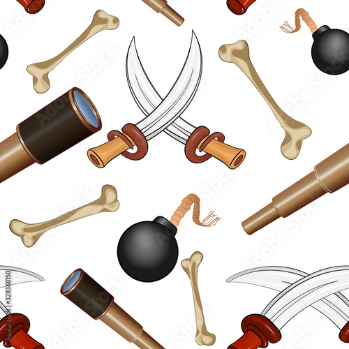 Seamless vector pattern with elements of a pirate adventure - sharp daggers, bones, bombs, spyglass. Design for packaging, wallpaper. Background for party pirates.