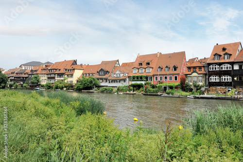 View of Little Venice, Residential Houses along Regnitz River Surrounded by Verdant Plants in the City of Bamberg, Germany in June 2016