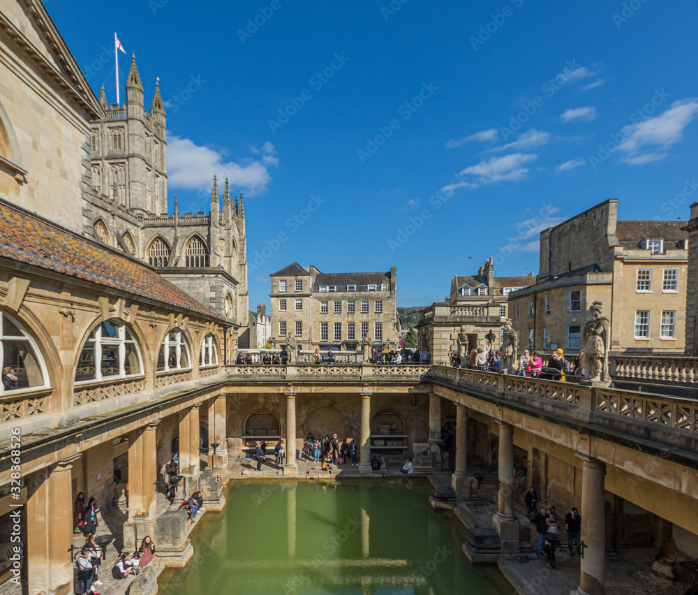 BATH, ENGLAND - March 27, 2019 - The Roman baths are Bath's major tourist attraction and receive more than 1.3 million tourists every year.  The city of Bath is a UNESCO World Heritage Site.