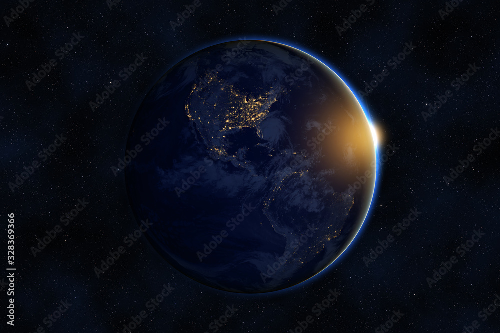 Sunrise over planet Earth against dark starry sky background, elements of this image furnished by NASA