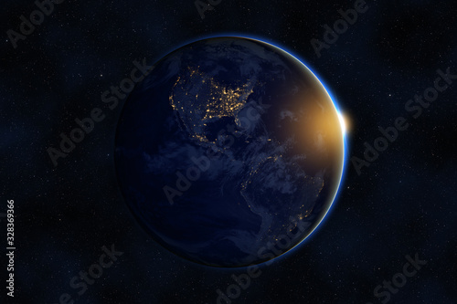 Fototapeta Naklejka Na Ścianę i Meble -  Sunrise over planet Earth against dark starry sky background, elements of this image furnished by NASA