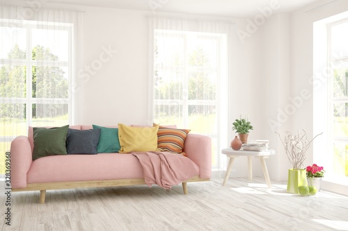 Modern living room in white color with sofa. Scandinavian interior design. 3D illustration