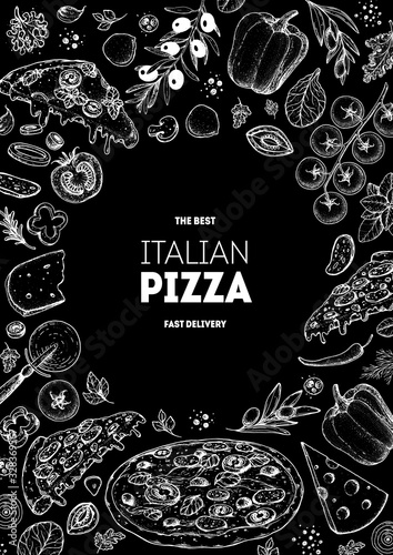 Italian pizza and ingredients. Italian food menu design template. Pizzeria menu design template. Vintage hand drawn sketch vector illustration. Engraved image.