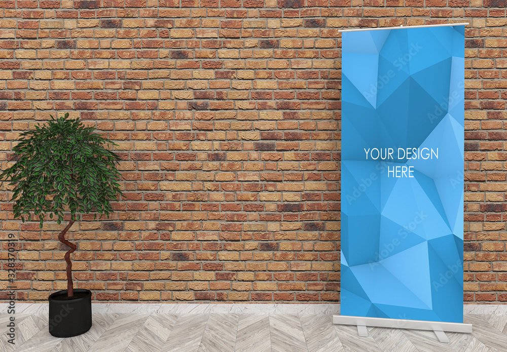 Roll Up Banner Mockup Composition with Red Brick Wall Template Stock |  Adobe Stock