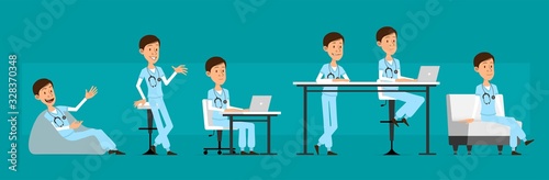 Cartoon cute funny young hospital doctor with stethoscope in unifor. Surgeon working on laptop and resting with coffee on sofa. Ready for animations. Isolated on blue background. Big vector icon set.