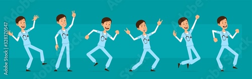 Cartoon cute funny young hospital doctor with stethoscope in unifor. Rock and roll surgeon jumping and dancing. Ready for animations. Isolated on blue background. Big vector icon set.
