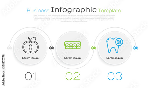 Set line Apple, Teeth with braces and Tooth with caries. Business infographic template. Vector