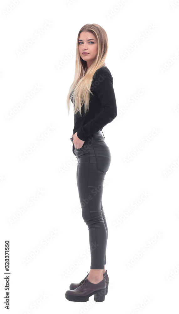 side view. serious young woman looking at the camera side view. serious young woman looking at the camera