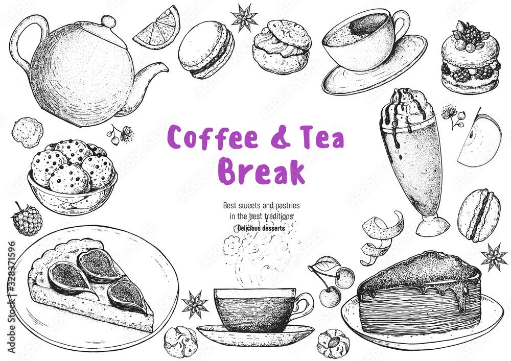 Breakfast hand drawn illustration Coffee shop menu design Food sketch  Coffee tea and desserts Cafe menu elements Stock Vector  Adobe Stock