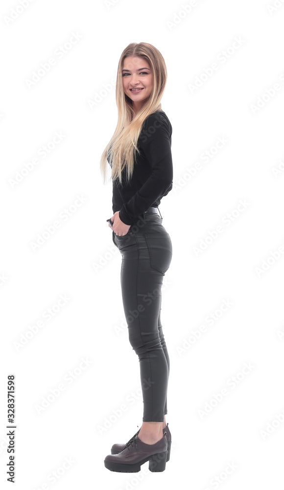 side view. serious young woman looking at the camera side view. serious young woman looking at the camera