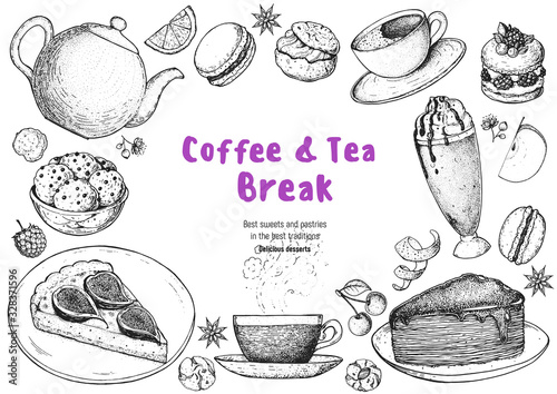 Breakfast hand drawn illustration. Coffee shop menu design. Food sketch. Coffee, tea and desserts. Cafe menu elements.