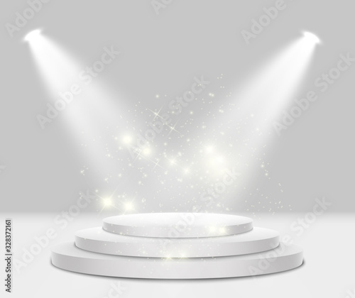 Podium with a red carpet. Scene for the award ceremony. Pedestal. Floodlight. Vector illustration. Podium in the light in the stars.	