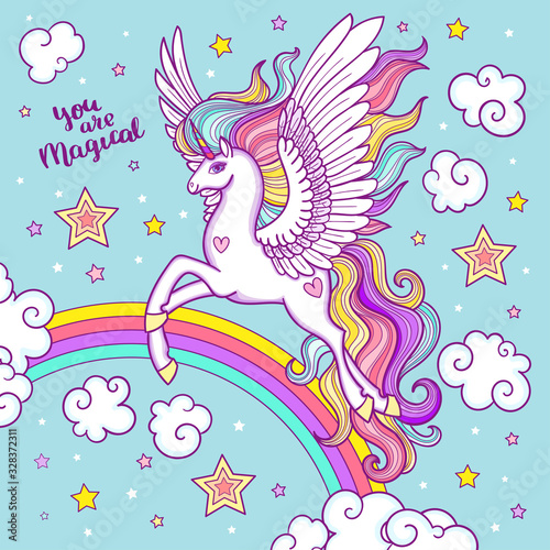 Cute white unicorn among the stars and clouds. Children's illustration. Vector.