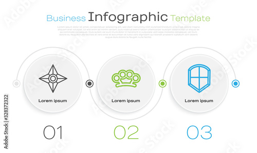 Set line Japanese ninja shuriken, Brass knuckles and Shield. Business infographic template. Vector