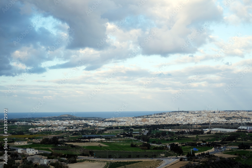 Panorama of Malta Island from The walls of Mdina with dramatic stormy sky
