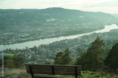 A bench and the scenery view of Drammen city, Norway. photo