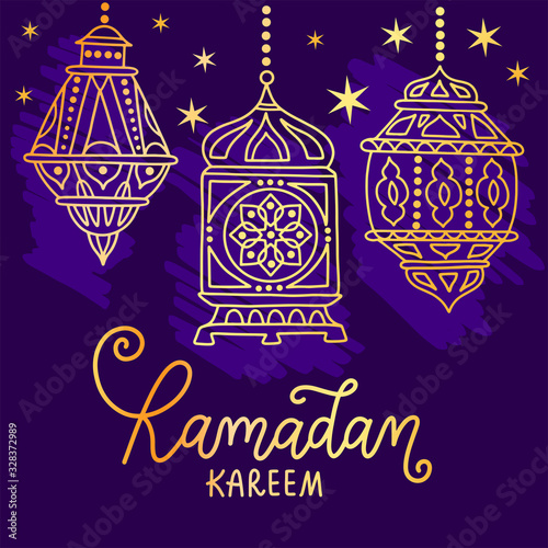 Ramadan Kareem lantern background with lettering vector illustration