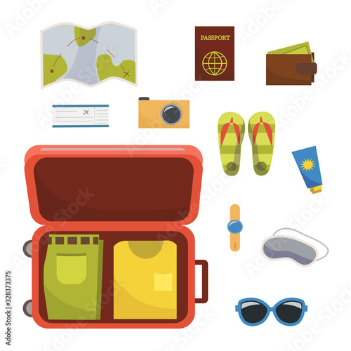 Travel open suitcase with different things to vacation. men's summer wardrobe. Isolated on white background. Vector stock illustration