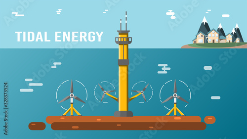 Tidal power plant. Eco friendly underwater renewable energy sources. Flat vector illustration. Alternative electricity generators. Hydro power turbine.