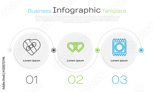 Set line Candy in heart shaped box, Two Linked Hearts and Condom in package. Business infographic template. Vector