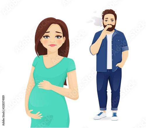 Passive smoking concept. Man in casual clothes smoking cigarette behind pregnant sad woman. Isolated vector illustration