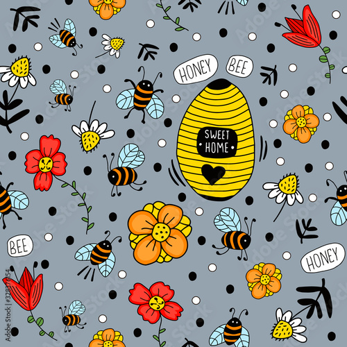 Beehive, apiary with flowers, text "Honey Bee". Vector seamless pattern on grey background. Design for gift wrap, cover, fabric, cards, wallpapers, backdrops, panels. 