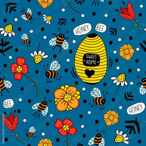 Beehive, apiary with flowers, text "Honey Bee". Vector seamless pattern on blue background. Design for gift wrap, cover, fabric, cards, wallpapers, backdrops, panels. 