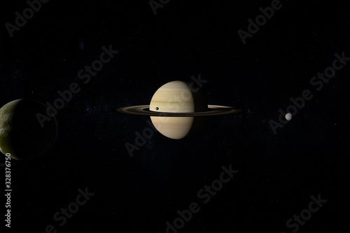 Dione, Enceladus and Mimas orbiting around Saturn planet. 3d render photo