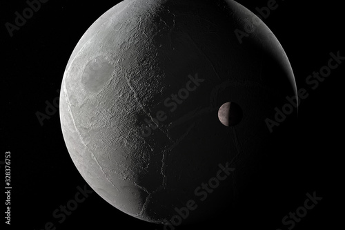 Fototapeta Naklejka Na Ścianę i Meble -  Dysnomia orbiting around dwarf planet Eris in the outer space. 3d render