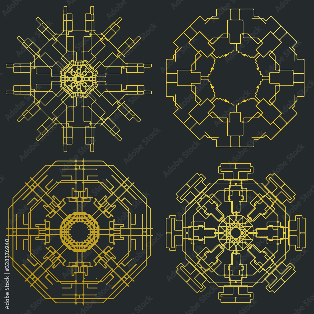 Fototapeta Decorative ornate snowflake looking like Indian round lace mandala. Vintage vector pattern. Invitation, wedding card, scrapbooking. Christmas card design. Gold over black.