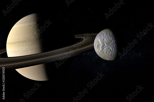 Mimas satellite orbiting around the Saturn planet. 3d render photo