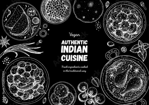 Indian food illustration. Hand drawn sketch. Indian cuisine. Doodle collection. Vector illustration. Menu background. Engraved style.