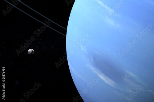 Nereid moon orbiting around Neptune planet. 3d render photo