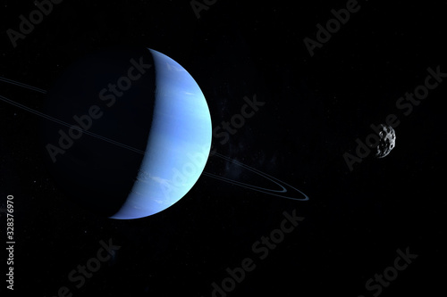 Fototapeta Naklejka Na Ścianę i Meble -  Satellite Nereid orbiting around Neptune planet. 3d render