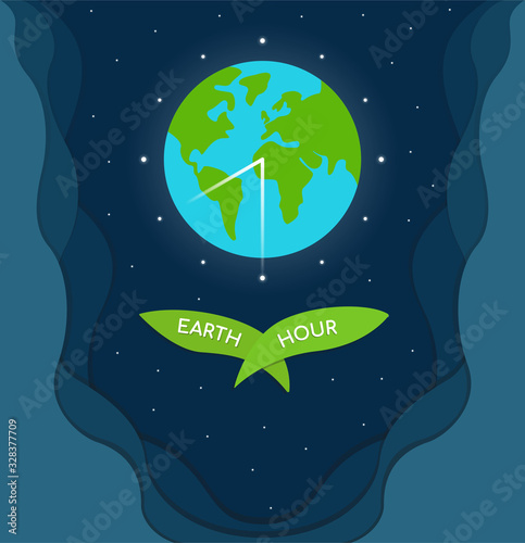 Vector illustration, earth hour concept. Space background with stars and planet Earth. Abstract waves with 3D effect, in the style of paper art. Stars in the form of a watch dial. Text on the leaves.