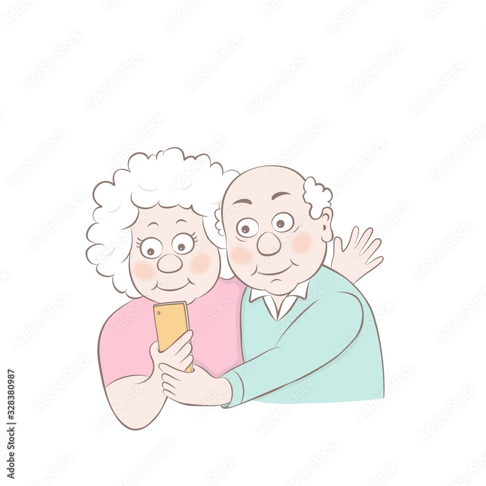 Smartphone dialog of older male and female ,online call talking elderly characters vector concept. Smartphone dialog of older male and female ,online call talking elderly characters vector concept.
