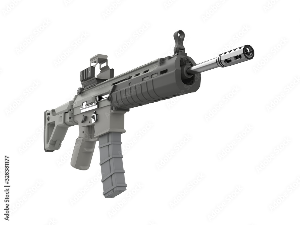 Futuristic military assault rifle - low angle view Futuristic military assault rifle - low angle view
