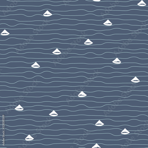 Sailing boats striped seamless vector pattern in navy blue and white. Nautical surface print design. Great for travel, vacation, summer water sports related projects.