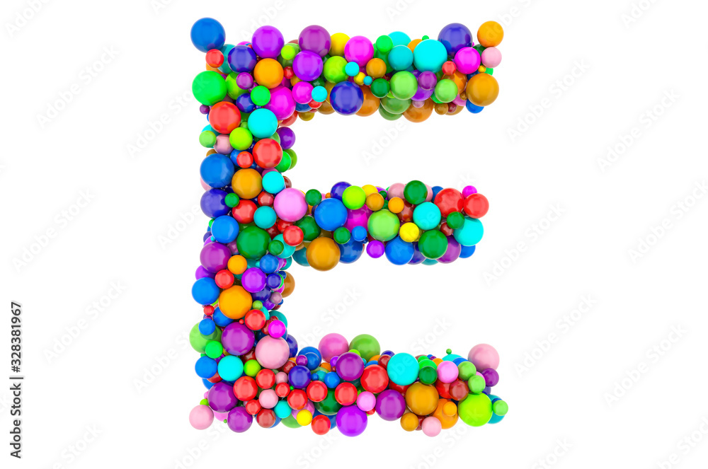 Letter E from colored balls, 3D rendering