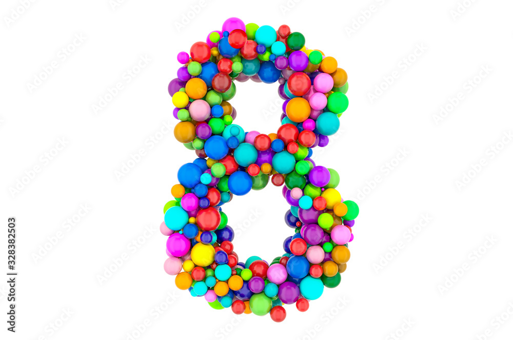 Number 8 from colored balls, 3D rendering