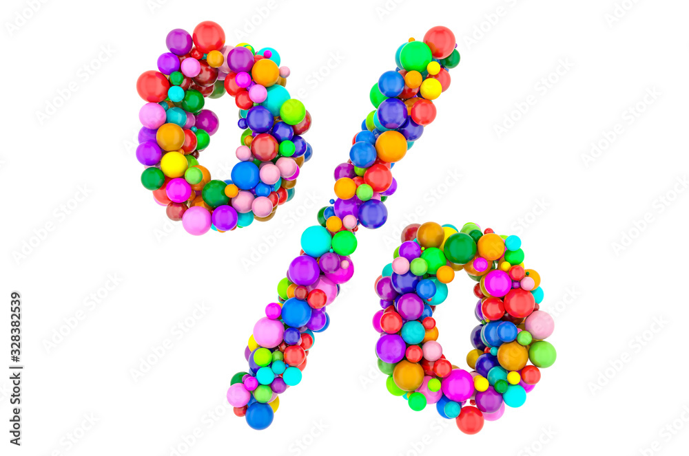 Percent sign from colored balls, 3D rendering Percent sign from colored balls, 3D rendering