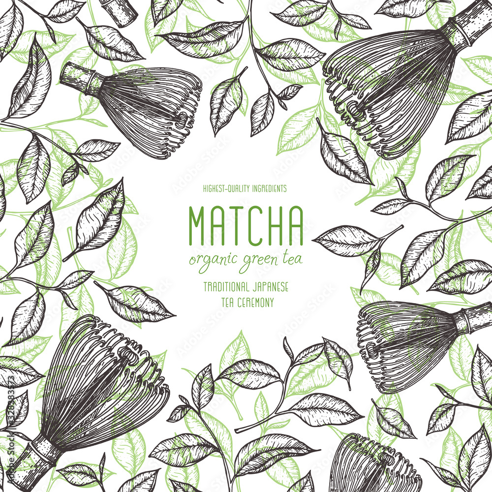 Matcha tea vector illustration. Hand drawn design template. Poster with ...