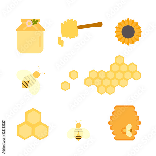 This is honey, bee, hive bees, flower, jar honey, wax. Set of objects.