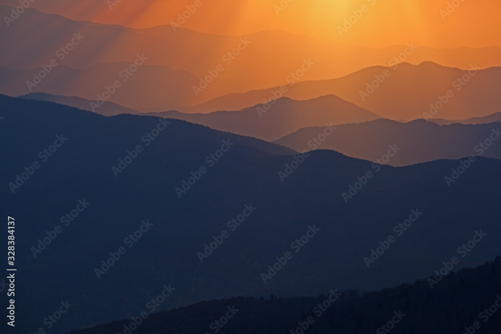 Landscape of sunbeams and Great Smoky Mountains near sunset from Clingman's Dome, North Carolina, USA