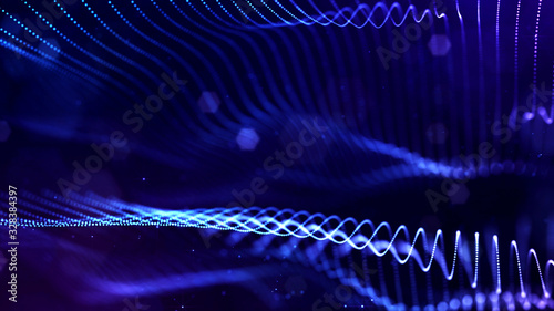 abstract sci-fi background with glow particles form curved lines, surfaces, hologram structures or virtual digital space. Deep blue motion design background of microworld or cosmic space. Strings 3