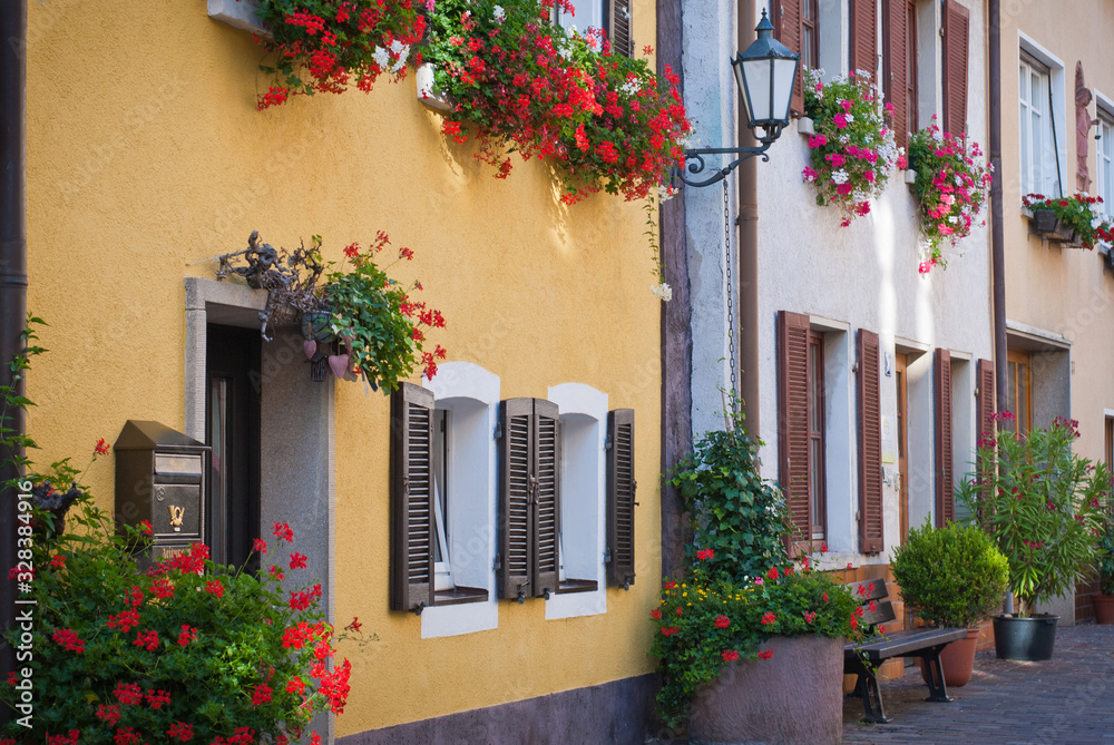 Beautiful houses on an old street in the city Veitshöchheim, Germany. Bright houses decorated with red flowers.